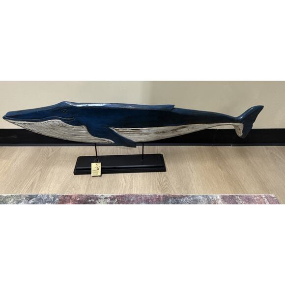 Hand Carved Bali Wooden Whale Sculpture on Stand 38” Ubud Coastal Decor - Picture 1 of 8